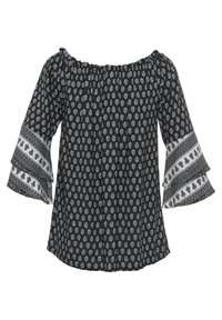 Schwarze Bluse mit schulterfreiem Ausschnitt, Glockenärmel und weißen Blumenmustern. Gestreifte Akzente an den Ärmelenden betonen das Design.