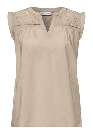 Beige ärmellose Bluse mit V-Ausschnitt, floraler Lochstickerei am Einsatz und leichten Rüschendetails an den Schultern.