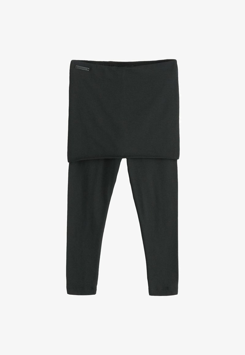 Leggings negros con una cinturilla alta y doblada. Hechos de una tela suave y elástica, con una textura lisa y acentos mínimos.