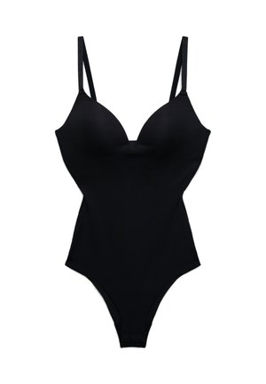 Body nero intero con spalline sottili regolabili e coppe imbottite, disteso su uno sfondo bianco.