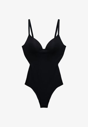 Body nero intero con spalline sottili regolabili e coppe imbottite, disteso su uno sfondo bianco.