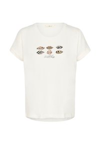 Weißes T-Shirt mit kurzen Ärmeln, auf dem sechs gemusterte Lippen in Tierprints und Streifen über dem Text "Wild kiss" auf der Vorderseite abgebildet sind.