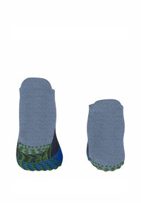 Chaussettes grises avec des motifs antidérapants verts et bleus sur les semelles. Conçues pour l'adhérence, avec un style bas et une texture lisse.