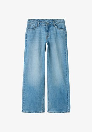 Lyseblå vidde jeans med for- og baglommer, bæltestropper og knaplukning.
