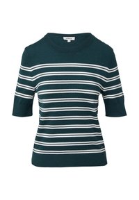 Türkiser kurzärmeliger Pullover mit weißen horizontalen Streifen, rundem Ausschnitt und geripptem Saum; aus weichem Strickmaterial gefertigt.