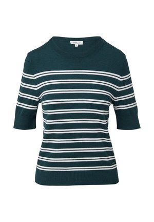 Türkiises lühikeste varrukatega sviiter, millel on valged horisontaalsed triibud, ümmargune kaelus ja soonikkoes äär; valmistatud pehmest kudumist.