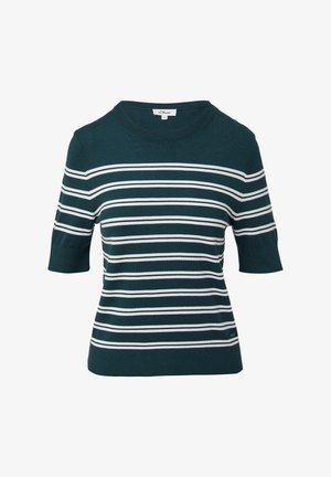 Türkiises lühikeste varrukatega sviiter, millel on valged horisontaalsed triibud, ümmargune kaelus ja soonikkoes äär; valmistatud pehmest kudumist.