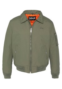 Jacket bomber verde oliva con zip, foderato in arancione, con polsini e orlo a coste, tasche frontali e tasca con zip sulla manica.