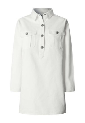 Witte overhemd met knopen, kraag, lange mouwen, twee borstzakken en zilverkleurige knopen, gemaakt van een stevige katoenen stof.