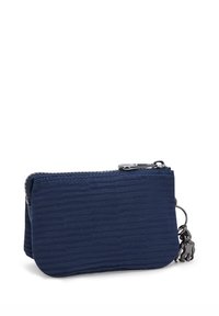 Custodia blu navy con zip, realizzata in tessuto testurizzato, caratterizzata da un portachiavi decorativo e una forma rettangolare compatta per una facile portabilità.