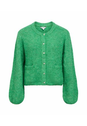 Žalias kardiganas iš minkštos, tekstūrinės medžiagos, suapvalintu kaklu, ilgomis rankovėmis, priekinėmis kišenėmis ir sidabrinių sagų užsegimu.