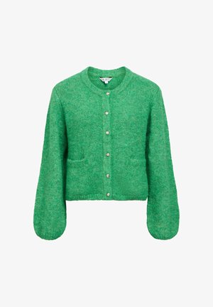 Green cardigan made of soft, textured fabric, featuring a round neckline, long sleeves, front pockets, and silver button closures.