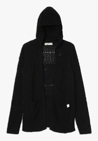 Czarny dzianinowy kardigan z kapturem, otwarty z przodu, z dwoma bocznymi kieszeniami, teksturowanym wzorem oraz ściągaczami przy mankietach i u dołu. Lekki materiał.