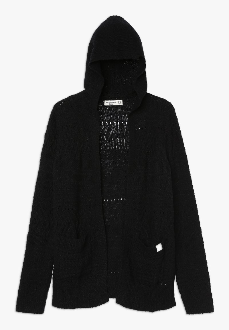 Czarny dzianinowy kardigan z kapturem, otwarty z przodu, z dwoma bocznymi kieszeniami, teksturowanym wzorem oraz ściągaczami przy mankietach i u dołu. Lekki materiał.