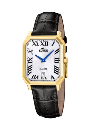 Reloj de pulsera clásico con caja rectangular dorada, esfera blanca con números romanos negros, manecillas azules, indicador de fecha y correa de cuero negra.
