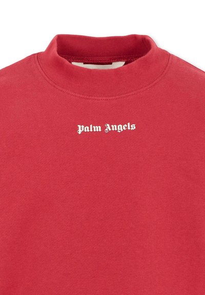 Felpa rossa con un collo alto, caratterizzata dal testo bianco "Palm Angels" in un carattere audace e vintage sulla parte anteriore. Tessuto morbido.
