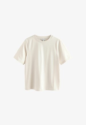 Gładka, biała koszulka z krótkim rękawem, wykonana z miękkiej bawełny. Posiada okrągły dekolt i luźny krój. Bez widocznych wzorów ani akcentów.