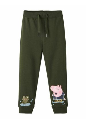 Pantalones de jogging de algodón verde con cintura elástica, con una rana impresa y personajes de Peppa Pig en la parte inferior de las piernas.