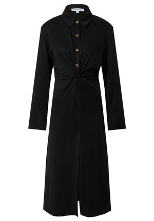 Zwarte midi-jurk met lange mouwen, kraag, knopen aan de voorkant en een gedraaide knoopdetail in de taille.