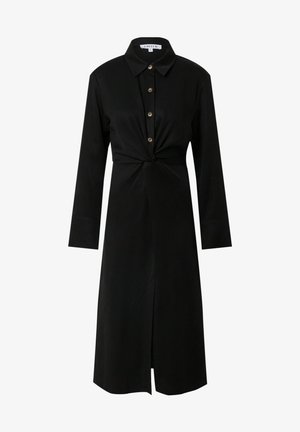 Czarna midi sukienka z długim rękawem, kołnierzykiem, guzikami z przodu oraz skręconym węzłem w talii.