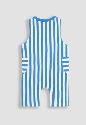 Blauw en wit gestreepte korte playsuit met mouwloos ontwerp, ronde halslijn en twee zakken met horizontale strepen en decoratieve accenten.