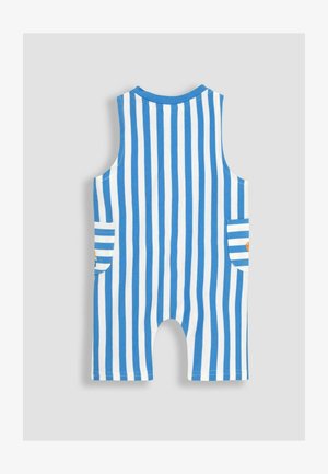 Niebiesko-biały kombinezon krótki w paski z bezrękawowym krojem, okrągłym dekoltem i dwiema kieszeniami, z poziomymi paskami i dekoracyjnymi akcentami.