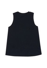 Μαύρο βαμβακερό αμάνικο τοπ με στρογγυλεμένο λαιμόκοψη και ίσια γραμμή. Το ύφασμα έχει ομαλή υφή χωρίς ορατά σχέδια ή διακοσμητικά στοιχεία.