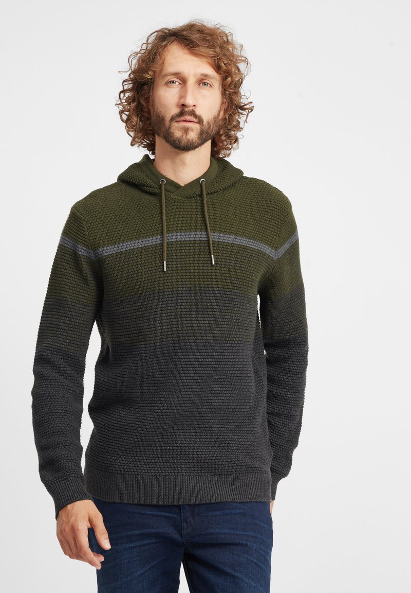 Hoodie in groen en grijs, textuurtricot met een verloopontwerp, voorzien van trekkoordaccenten en geribbelde manchetten en zoom.