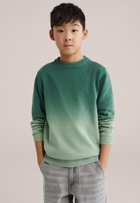 Pull dégradé vert en maille douce, avec un col rond, des poignets et un ourlet côtelés. Associé à un pantalon texturé gris clair.