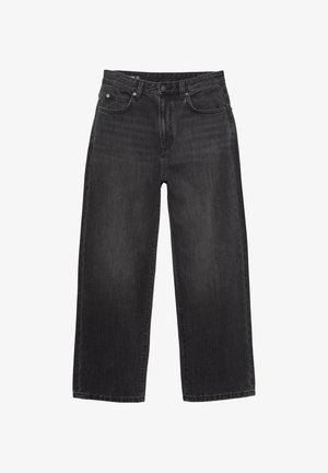 Czarne jeansy o szerokich nogawkach wykonane z denimu o gładkiej fakturze, z zapięciem na guziki, dwoma przednimi kieszeniami i przeszyciami dekoracyjnymi.