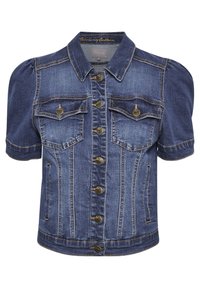 Denimjacka med korta puffärmar, krage, guldfärgade knappar och två bröstfickor. Ljus till mellanblå färg, texturerad tyg.