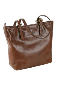 Borsa a spalla in pelle marrone con due tracolle regolabili e fibbie dorate, che mostra texture e lievi pieghe.