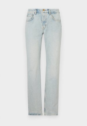 Light blue denim jeans with a straight cut, five-pocket design, and a zip fly. Fabric shows slight fading for a worn appearance.