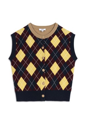 Ärmelloser Argyle-Pullover in Rot, Gelb und Marineblau. Mit einem runden beigen Kragen und einer Knopfleiste vorne, versehen mit einem gerippten Saum.