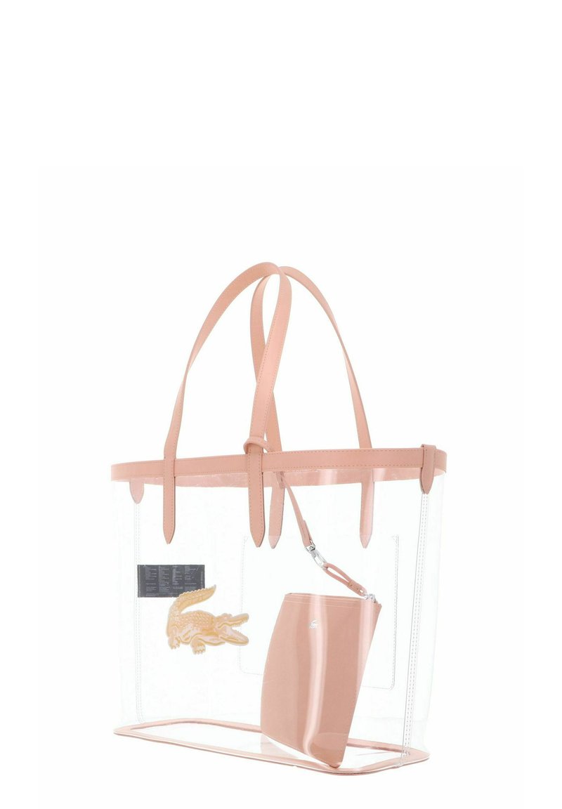 Borsa tote trasparente con rifiniture e manici rosa pallido, con logo beige a forma di coccodrillo e pochette staccabile coordinata all'interno.