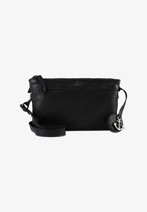 Sac bandoulière en cuir noir avec fermeture éclair, emblème d'ancre sur le devant et breloque ancre attachée à la sangle latérale.