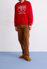 Red sweatshirt with white Adidas logo, brown pants, and brown slip-on shoes. Smooth texture, casual fit, and simple design.