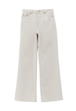 Vaqueros de mezclilla color blanco roto con pierna ancha, cintura alta, cierre frontal con botón y cremallera, y diseño de cinco bolsillos.