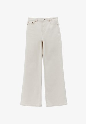 Vaqueros de mezclilla color blanco roto con pierna ancha, cintura alta, cierre frontal con botón y cremallera, y diseño de cinco bolsillos.