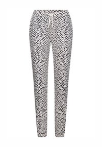 Gaiši krēmi joggeri ar tumši ziliem punktiņiem, elastīga josta un aukliņu slēgšana. Sašaurināti kājas ar mīkstu tekstūru.