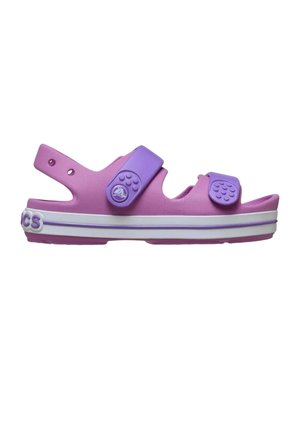 Sandalo aperto rosa e viola per bambini con due cinturini regolabili in velcro e suola bianca con strisce viola.