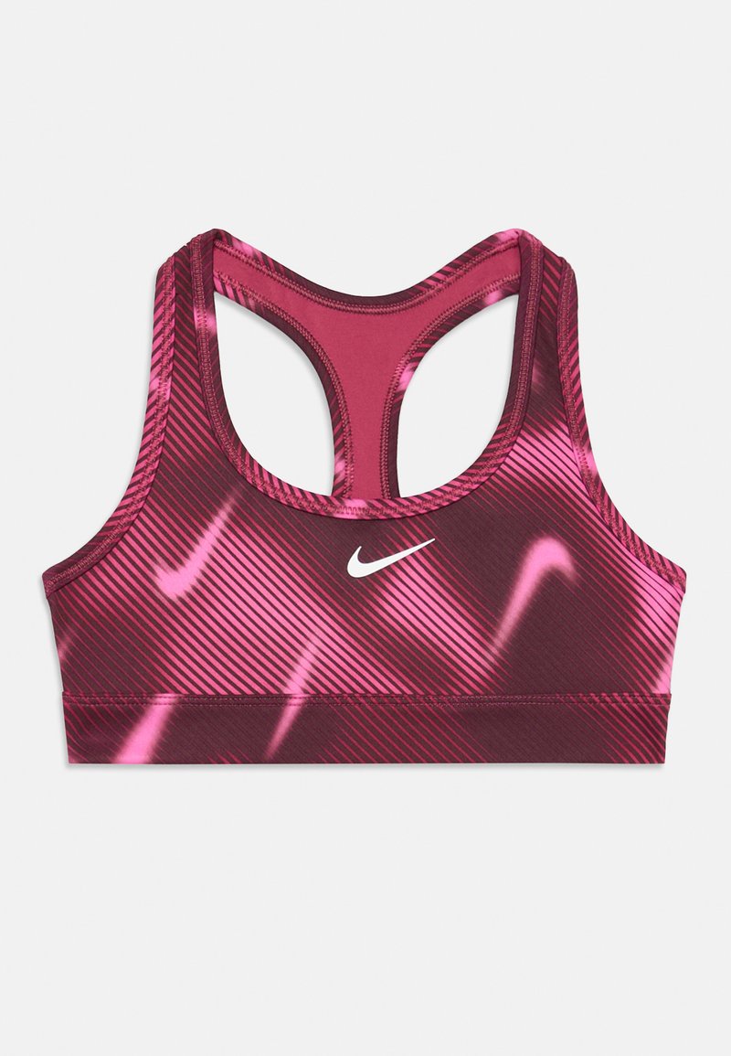 Bordová a ružová športová podprsenka s geometrickým vzorom, dizajnom s prekladaním na chrbte a bielym logom Nike na prednej strane. Textúrovaná tkanina.