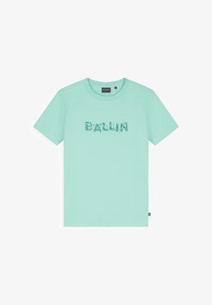 Kort mouw T-shirt in muntgroen met een ronde hals en verweerde grafische tekst "BALLIN" over de borst.