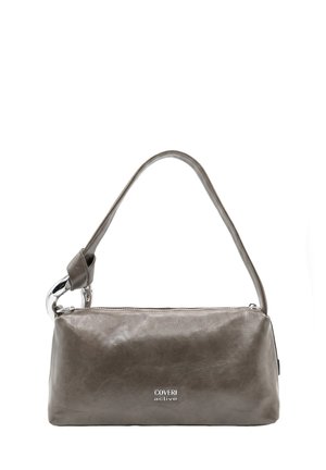 Borsa a tracolla in pelle grigia con dettaglio ad anello metallico argentato e il nome del marchio Coveri Active al centro davanti.