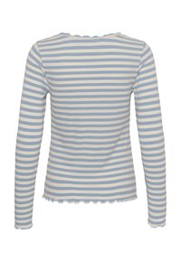 Langærmet skjorte med striber i lyseblå og hvid, fremstillet med en ribbet struktur og flosset kant forneden samt ved ærmerne.