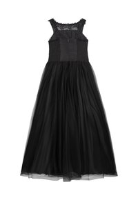 Schwarzes Abendkleid mit einem figurbetonten Oberteil, das geraffte Details aufweist, Spitzenakzente an den Schultern und einem fließenden Tüllrock. Reißverschluss auf der Rückseite.