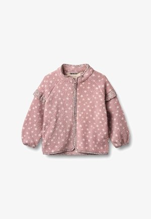 Pink fleece jacket with a dotted pattern, round neckline, front zipper, and ruffled sleeve accents. Soft texture and warm design.