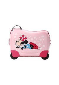 Una valigia rigida rosa presenta un design di Minnie Mouse, pois, ruote in gomma e una maniglia nera sulla parte superiore.