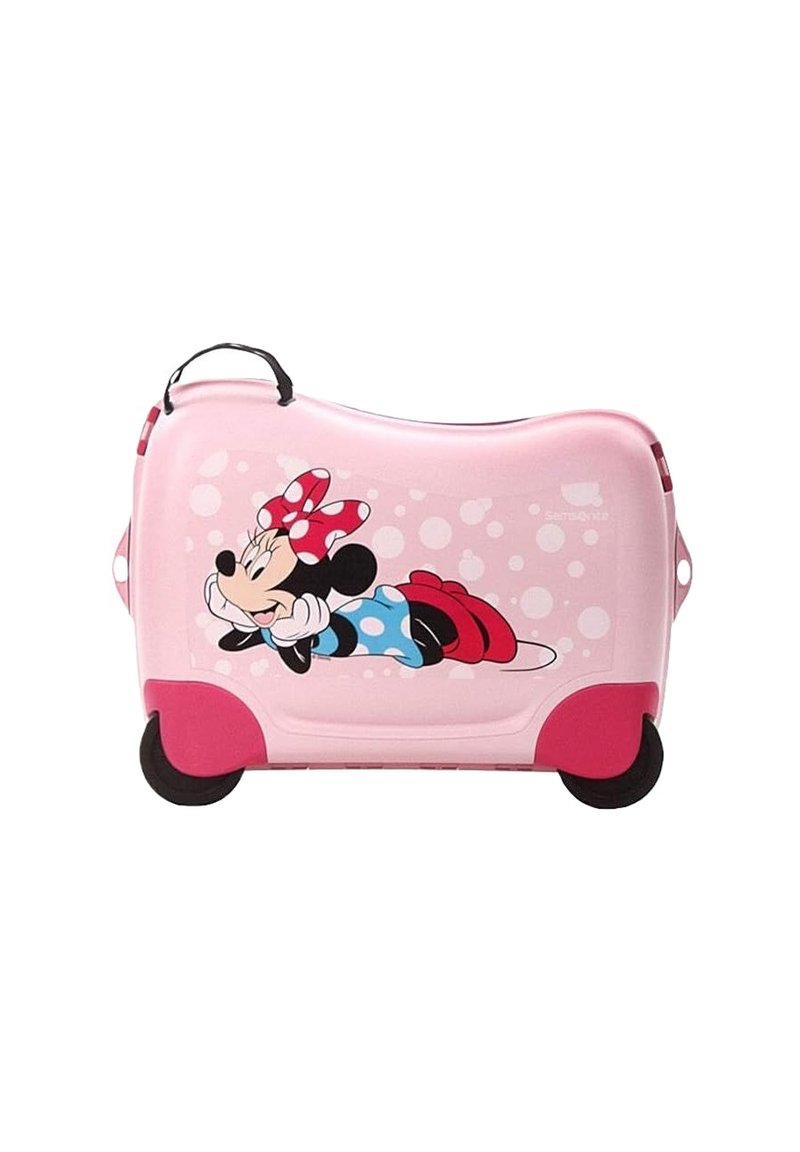 Una valigia rigida rosa presenta un design di Minnie Mouse, pois, ruote in gomma e una maniglia nera sulla parte superiore.
