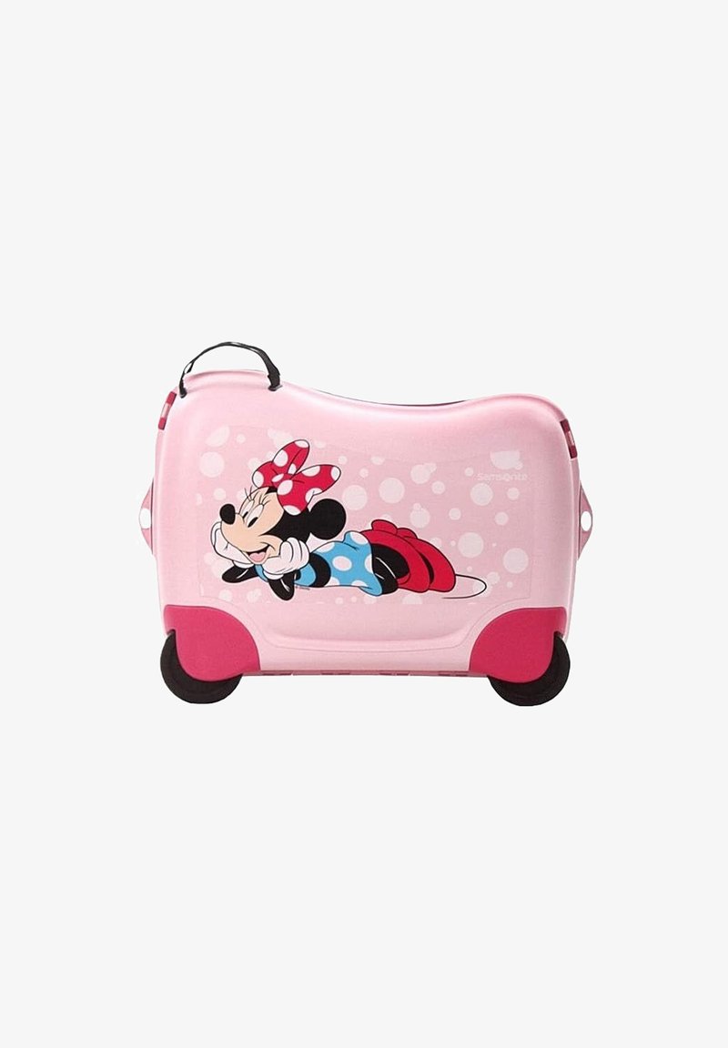 Una valigia rigida rosa presenta un design di Minnie Mouse, pois, ruote in gomma e una maniglia nera sulla parte superiore.